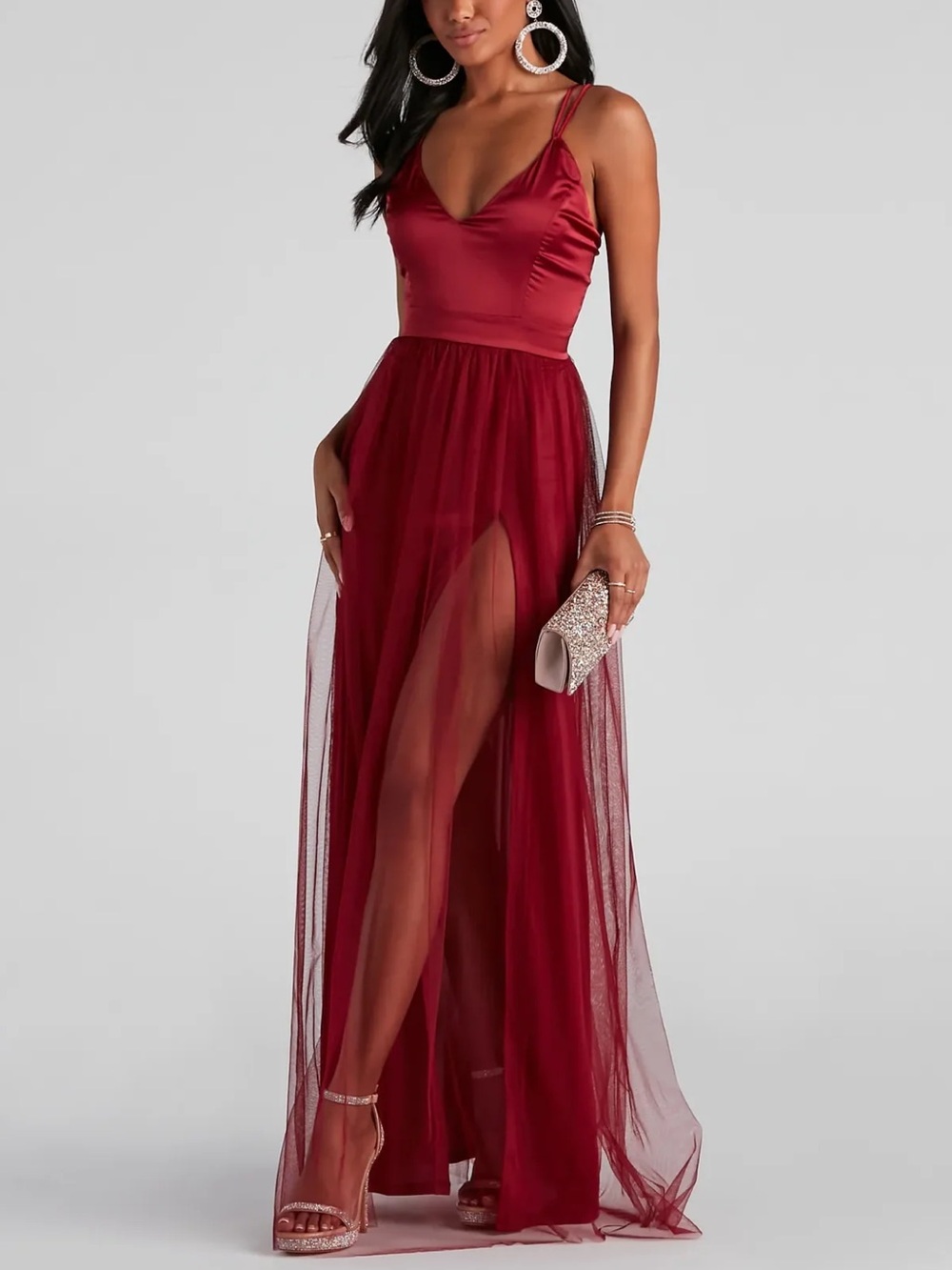 Windsor Burgundy Satin Tulle Maxi Dress Slit Criss Cross Back Prom Medium